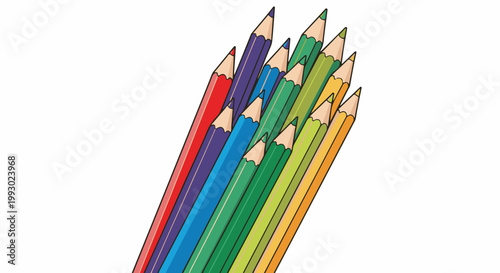 A cluster of sharpened colored pencils on a white background, angled upwards