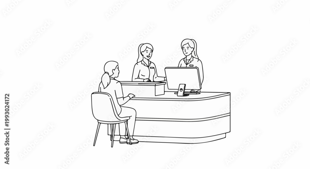 Obraz premium Three people interact at a reception desk with a computer and documents