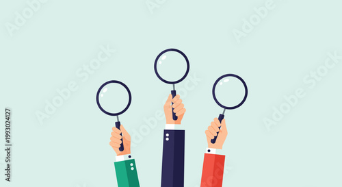 Multiple business hands holding magnifying glasses up in the air for searching, research or investigation concept.