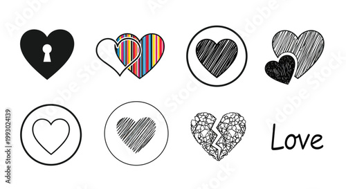 Assorted collection of heart symbols and designs in different artistic styles including cracked, locked and striped.