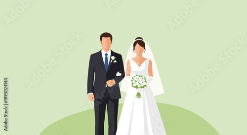 Elegant portrait of a wedding couple with the groom in a dark suit and the bride in a white gown holding a bouquet of white roses.