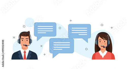 Male and female customer service representatives wearing headsets with speech bubbles for support and communication.