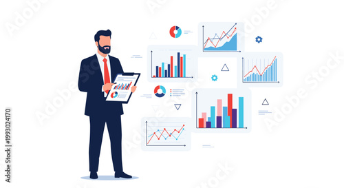 Businessman in formal suit holding clipboard while standing in front of multiple floating data analytics charts.