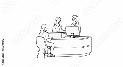 Three people interact at a reception desk with a computer and documents