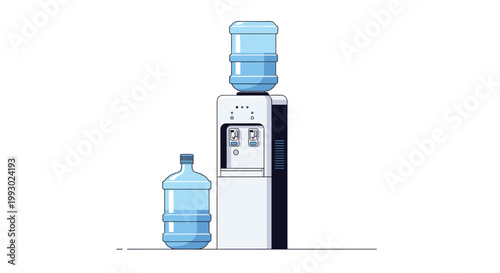 Office water cooler dispenser with large blue plastic bottles against plain white background for healthy hydration.