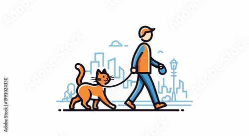 Stylized person walking an orange cat on a leash in a city