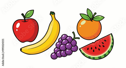 A colorful collection of five cartoon fruits including an apple, banana, grapes, orange, and watermelon