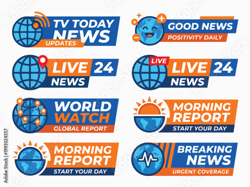 Television news broadcast lower third banners and global media update labels