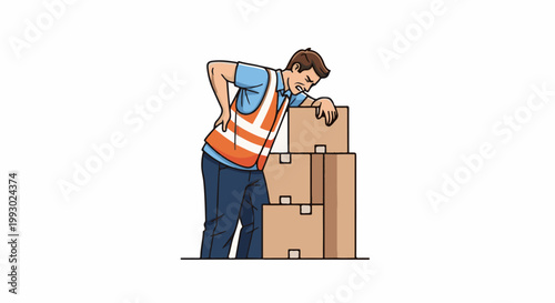 Worker in safety vest experiences back pain from lifting boxes