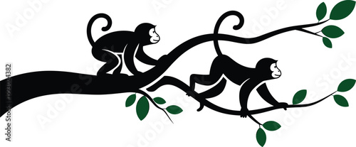 Two playful monkey silhouettes swinging on a leafy tree branch vector illustration isolated on white background for nursery wall decal and jungle theme designs