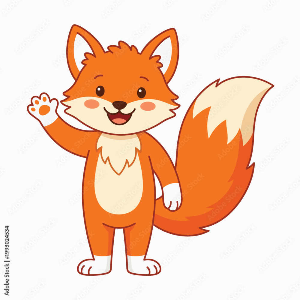 Fototapeta premium Cute Orange Fox Cartoon Character Waving Hand on White Background