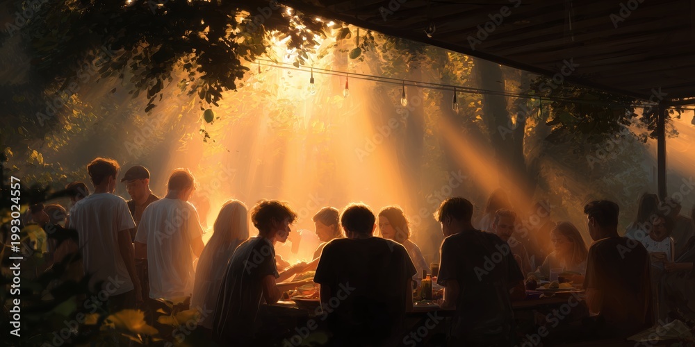 Obraz premium Group of friends sharing a meal in a forest during sunset with light rays filtering through trees