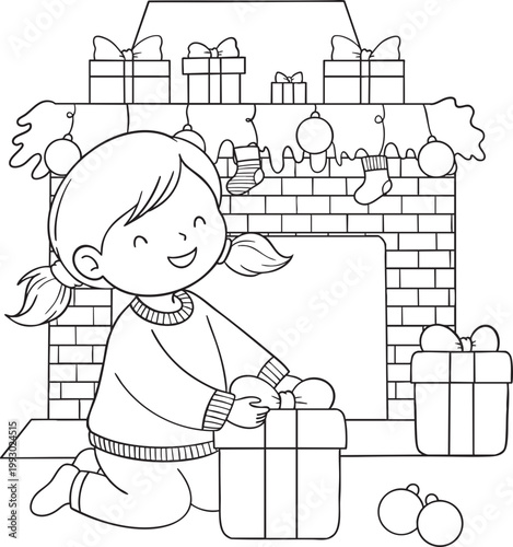 Girl Opening Christmas Gift by Fireplace