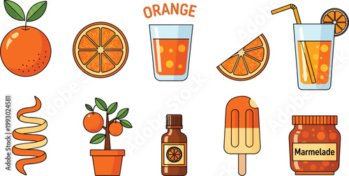 Fresh Orange and Citrus Fruit Vector Icon Set Featuring Whole Oranges, Juice Glasses, Potted Orange Tree, Marmalade Jar, Essential Oil Bottle, Orange Popsicle, and Zest Peel