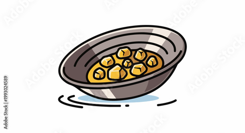 A cartoon gold pan filled with shiny nuggets and liquid