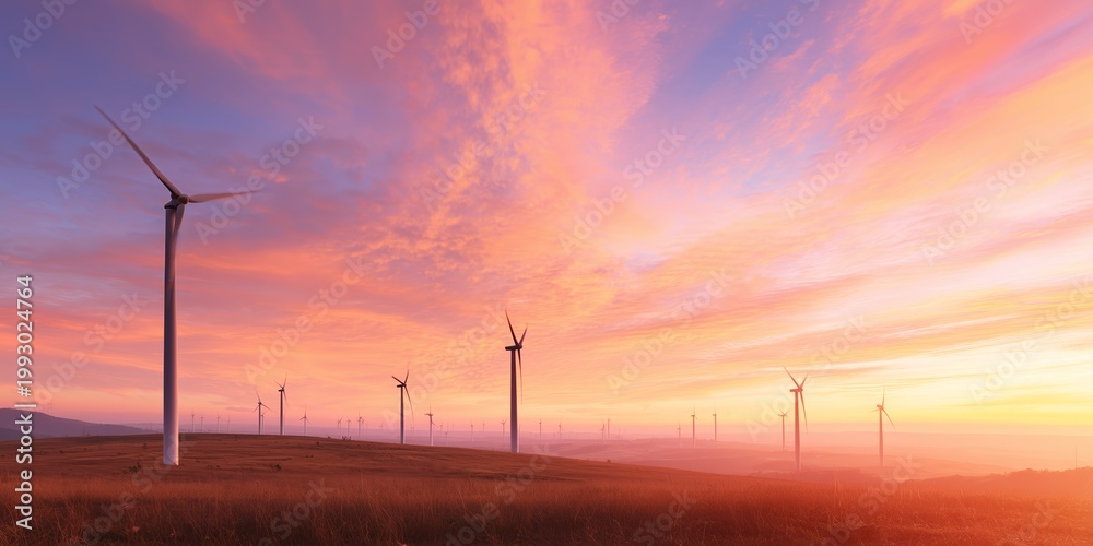 Obraz premium Wind turbines stand tall under a colorful sunset sky in a vast open field