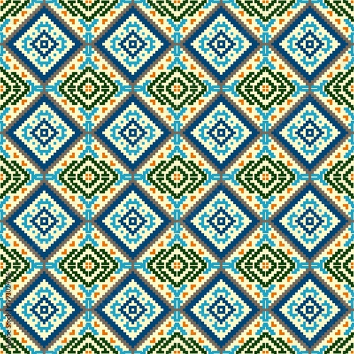 Seamless Ethnic Embroidery Pattern with Teal and Orange Geometric Floral Motif
