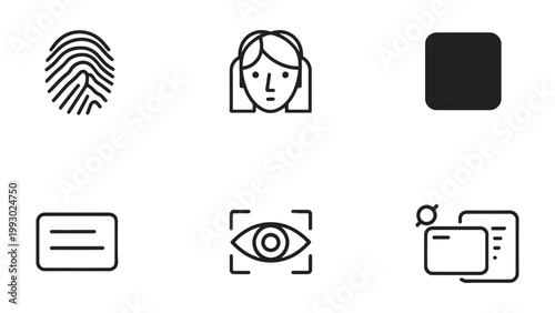 Biometric Icons Set: A comprehensive collection of sleek biometric icons, encompassing fingerprint recognition, facial features, a square, a document and an iris scanner.