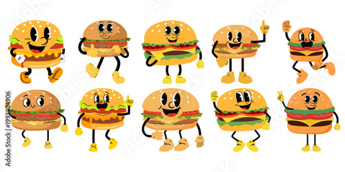 Cartoon funky groovy smiling burger character