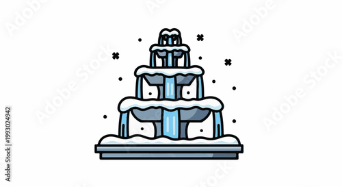 Winter fountain with cascading water and snow accents, against white background