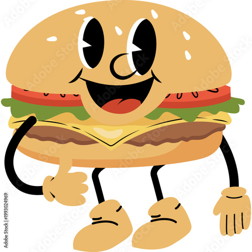 Cartoon funky groovy smiling burger character