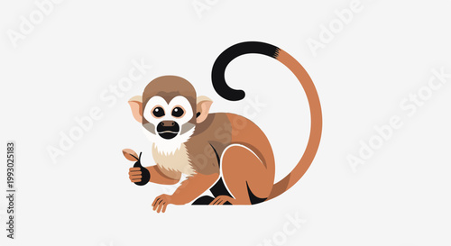 A cartoon monkey sits with a leaf held in its thumb and forefinger
