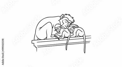 A family of monkeys rests together on a wooden railing