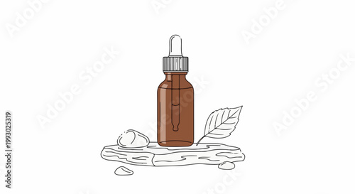 A dropper bottle sits on a wooden base with a leaf and stones