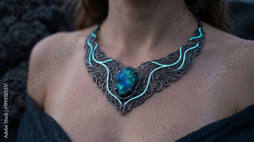 Luxury Gothic Filigree Necklace with Black Opal and Glowing Cyan Accents
