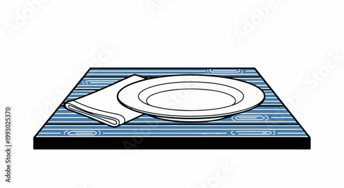 White plate and folded napkin on a blue striped placemat