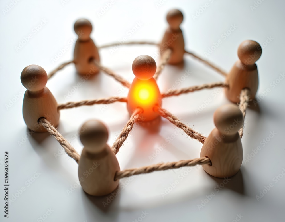 Obraz premium Wooden figures form circle connected by rope, with one figure glowing brightly. Represents teamwork, community, central leadership or innovation. Shows unity, cooperation, shared effort in group.