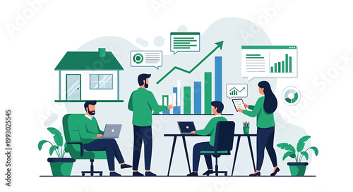 Business team analyzing financial data and growth charts in office setting.