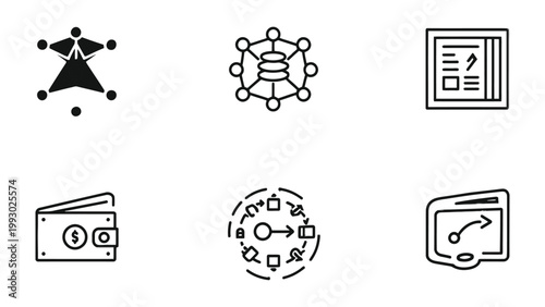 Business and Strategy Icons: A cohesive collection of minimalist icons representing diverse business and strategic concepts, ready for seamless integration into various digital and print designs.