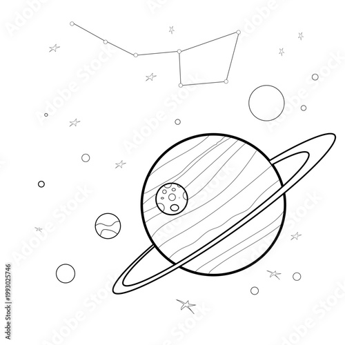 Vector image of Saturn and its moons. Children's doodle on the theme of planets and stars.