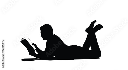 Relaxed man reading book, silhouette illustration, black icon, vector graphics