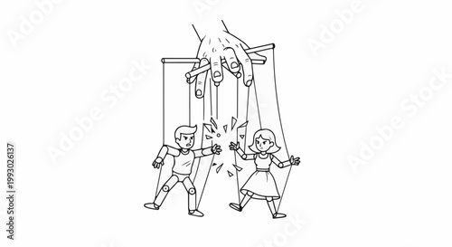 Two figures, controlled by a giant hand, are in conflict