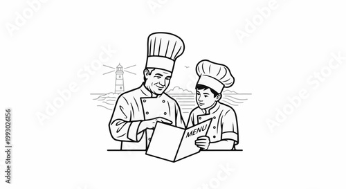 Two chefs in uniform look at a menu with a lighthouse in the background