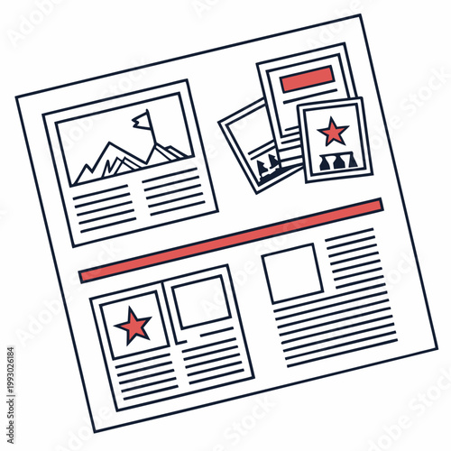 Graphic illustration of a newspaper layout with images and text flat design white background breaking news newspaper illustration headline information communication document publication