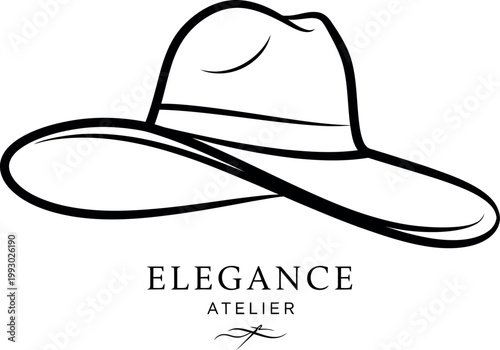 Elegant black and white line art illustration featuring a stylish wide brim fedora hat suitable for branding a luxury fashion boutique or an upscale clothing shop