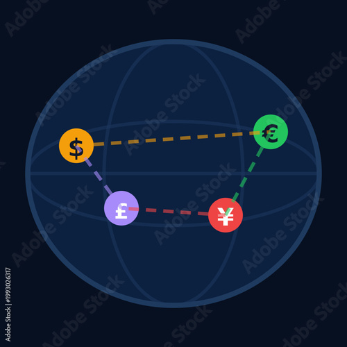 Global currency exchange vector illustration, international money transfer network on world globe, financial trading and foreign forex market concept