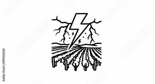 Stylized lightning bolt strikes a vineyard under stormy skies