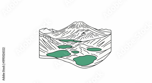 Stylized landscape with a conical mountain and teal lakes
