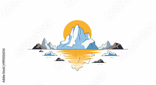 Stylized icy mountains reflect in golden water under a warm sun