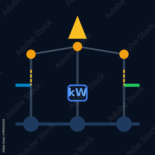 Smart energy grid infographic icon, electrical power distribution system vector, kilowatt measurement and monitoring symbol on dark background