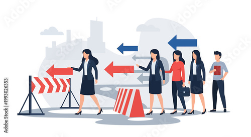 Business Team Navigating Challenges with Directional Arrows and Roadblocks.