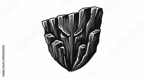 Stylized black mask with sharp, geometric edges and intense eyes