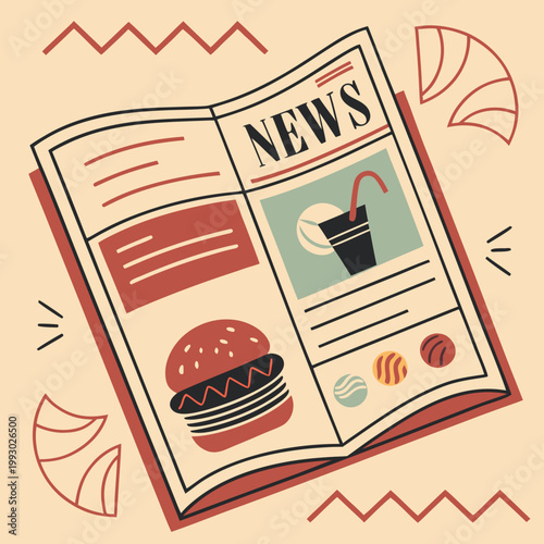Newspaper with headlines burger photo drink illustration flat design fast food breaking news current events morning paper newspaper illustration headline journalism publication lifestyle