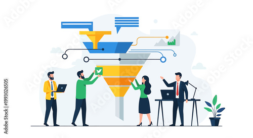 Business team working together on a marketing sales funnel process.