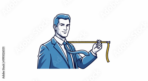 Man in blue suit holding a yellow measuring tape by the tie