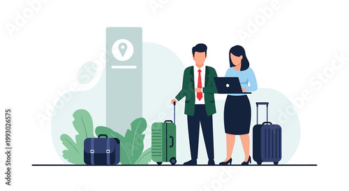 Business travelers with luggage and laptop at a location marker.